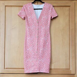 NWOT Zara Red Orange Daisy Print V-Neck Button Front Stretch Dress - M